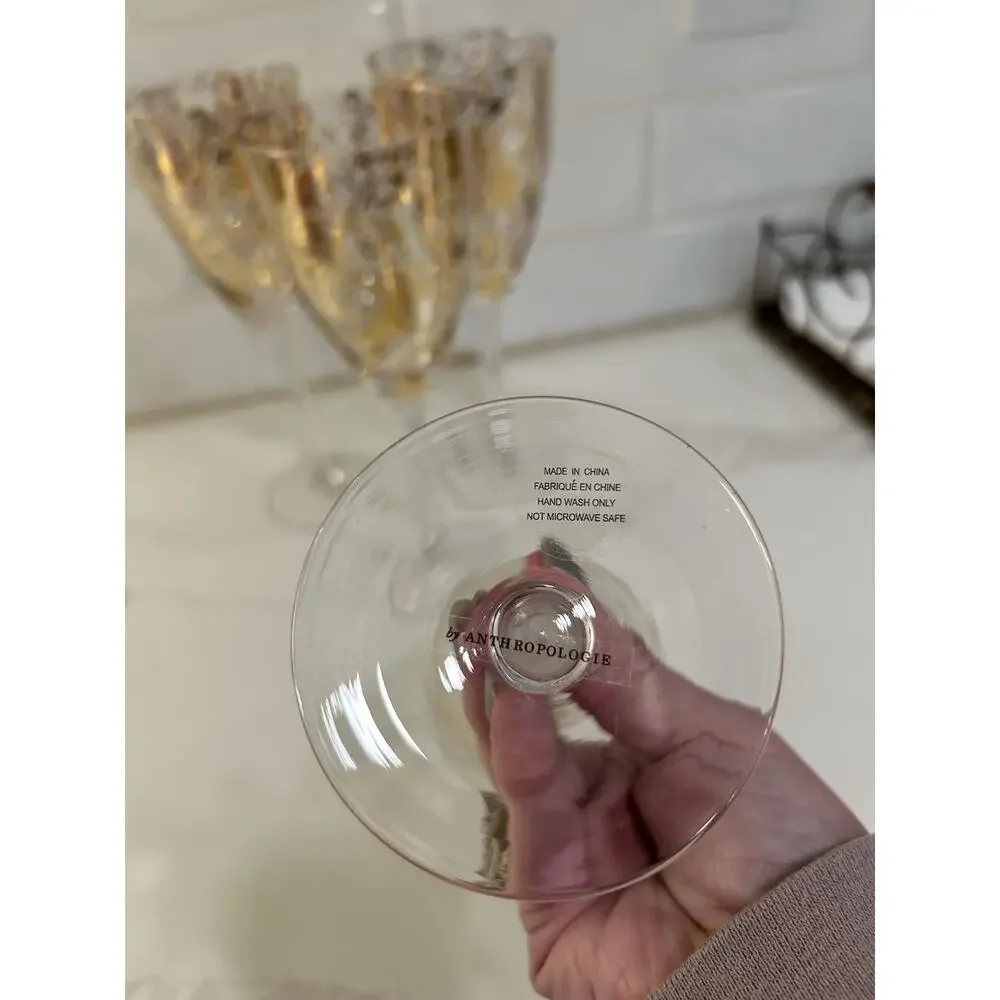 ANTHROPOLOGIE WINE GLASSES SET OF 4 Gold Foiled 9.25” Wine‎ Glasses No 53216743